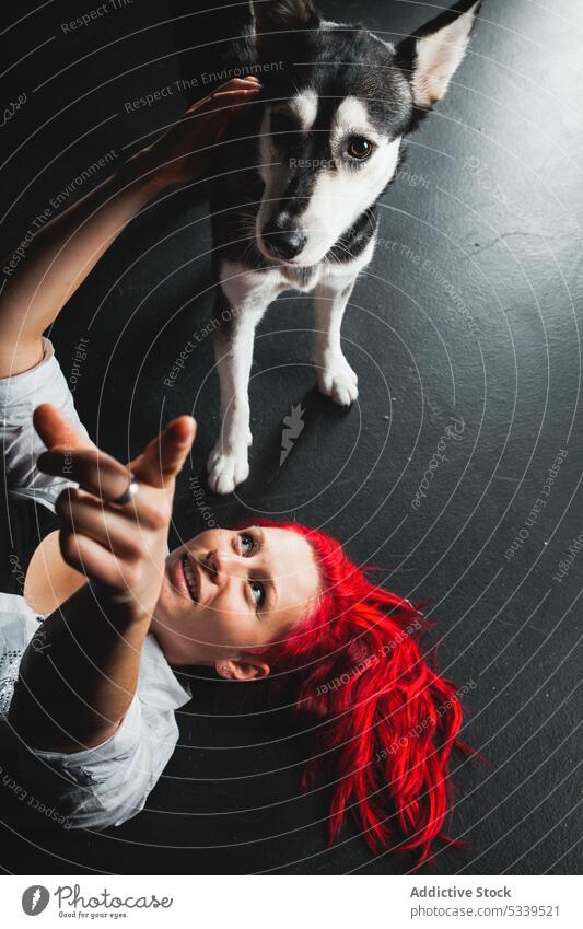 Fröhliche Frau mit Siberian Husky im Studio Atelier roter Kopf Hund Welpe rote Haare Spaß haben Haustier Lächeln jung Glück Tier heimisch Freund Besitzer