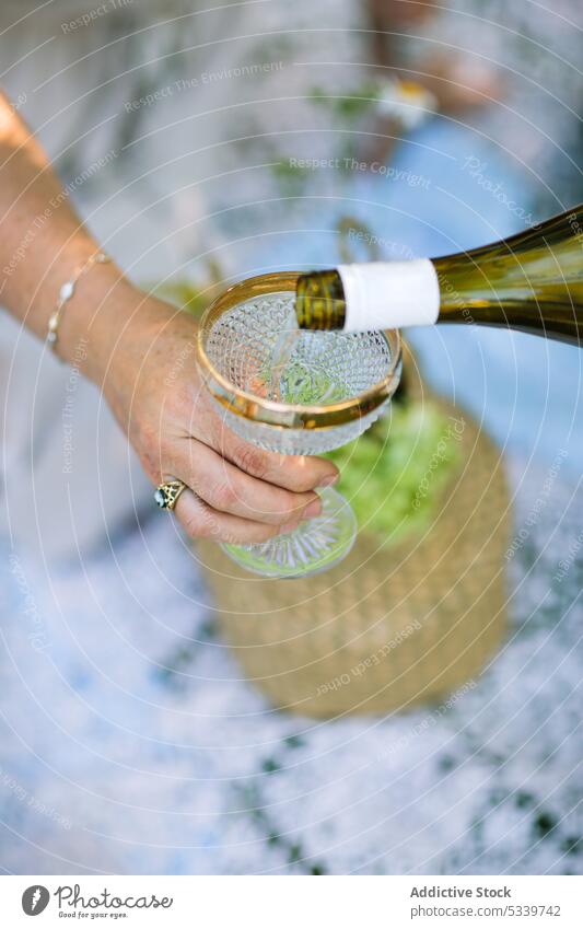 Eine Person gießt Champagner in ein Glas eingießen Picknick Alkohol vorbereiten Natur feiern trinken Getränk Flasche Landschaft Feiertag Sommer Veranstaltung