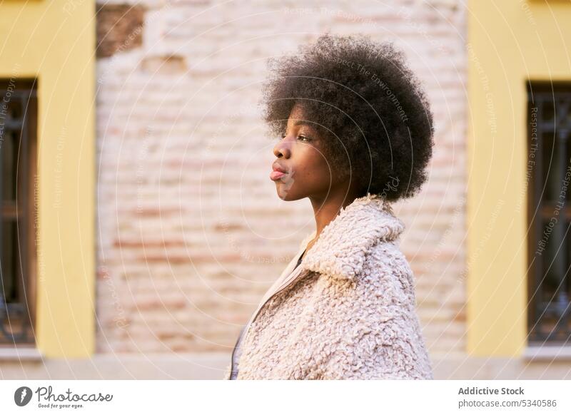 Seriöser schwarzer Teenager mit Afro-Haar und gemütlicher Kleidung Afro-Look Mantel trendy Outfit Gebäude Fenster Wand warme Kleidung Straße Frau jung