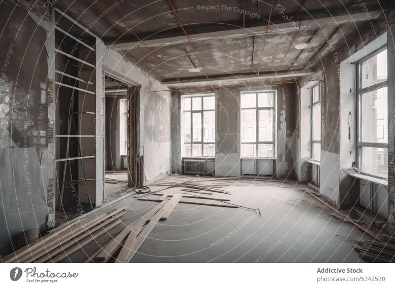 Generatives KI-Bild eines Raums in einem Gebäude, dessen Wände und Decke völlig zerstört sind renovieren Architektur Flur rekonstruieren Grafik u. Illustration