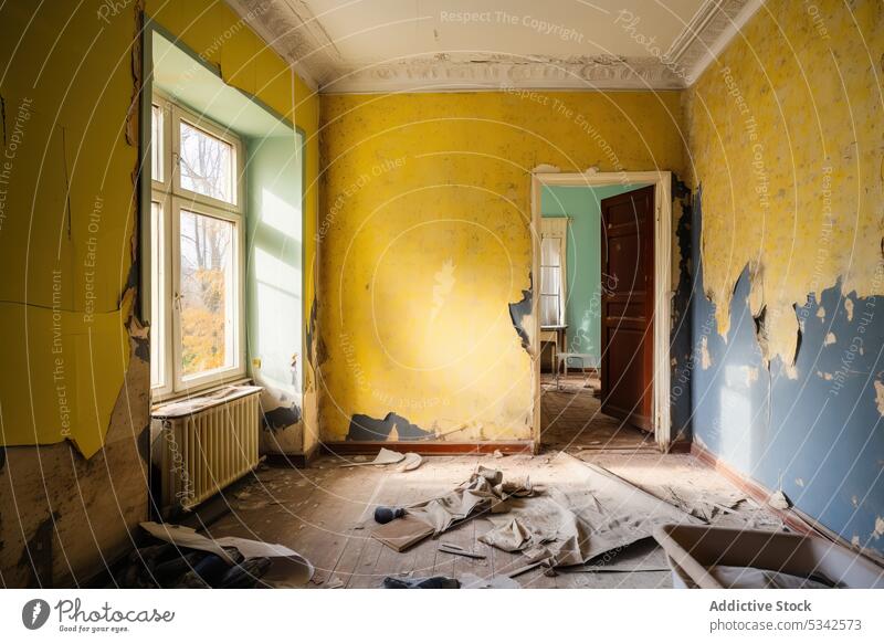 Generative AI-Illustration von leeren Raum mit gelben schäbigen Wänden und schmutzigen Boden gegen Fenster in der Wohnung während der Renovierung renovieren