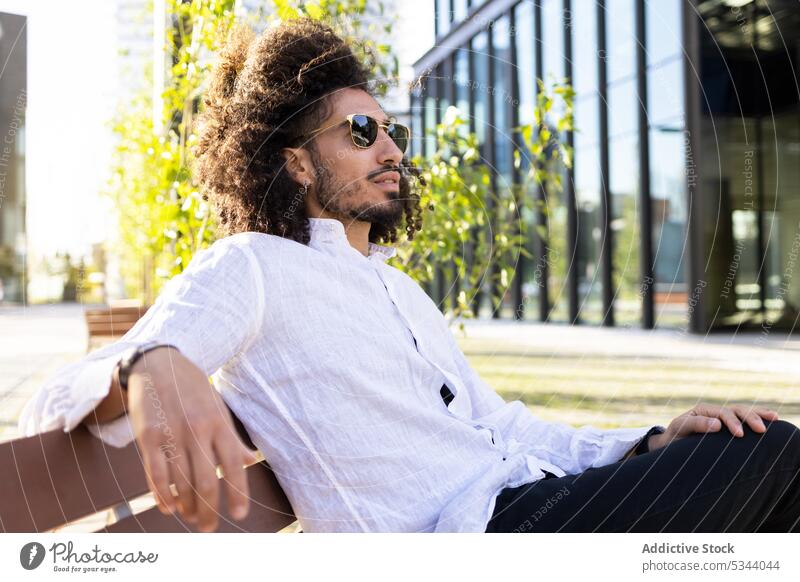 Stilvoller ethnischer Mann mit lockigem Haar sitzt auf einer Bank trendy Park selbstbewusst Afro-Look ernst Vorschein Sonnenbrille männlich Afroamerikaner