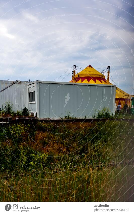 Zirkuszelt im Hintergrund absperrung aufführing gras kultur kuppel manege metall metallzaun stellplatz weide wiese zirkus zirkuskuppel zirkuszelt kulturstätte