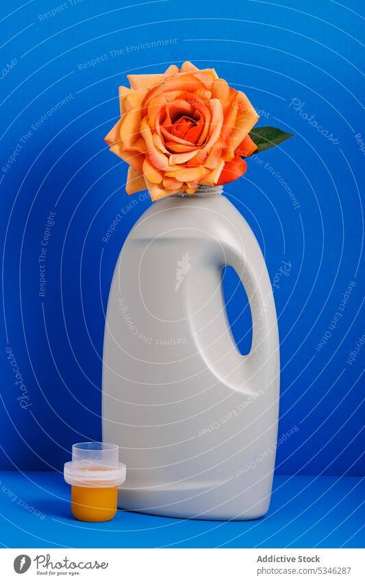 Generative AI-Illustration von frischen orangefarbenen Rose mit grünen Blättern in Kunststoff-Flasche von Waschmittel gegen blauen Hintergrund, die das Konzept der Recycling-Verpackung platziert