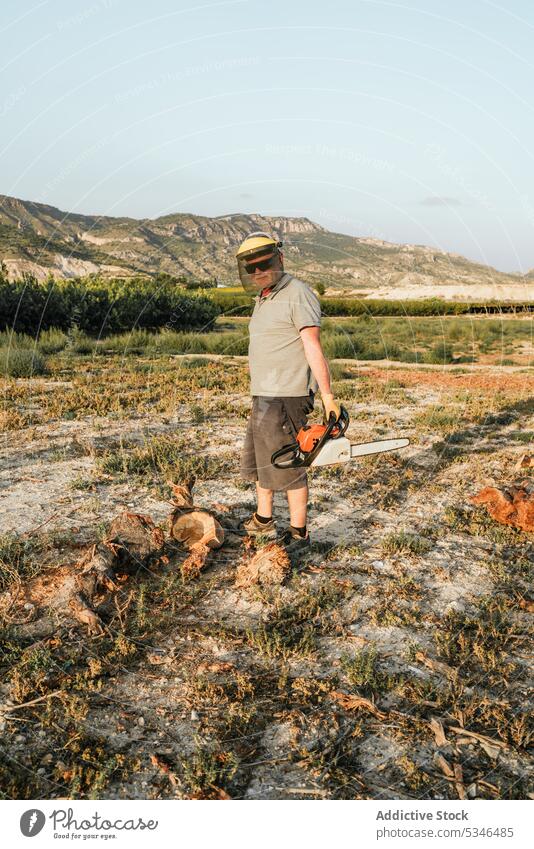 Landwirt schneidet Brennholz mit Kettensäge auf dem Lande geschnitten Holz Landschaft Feld vorbereiten Mann Kofferraum männlich Baum Berge u. Gebirge Natur