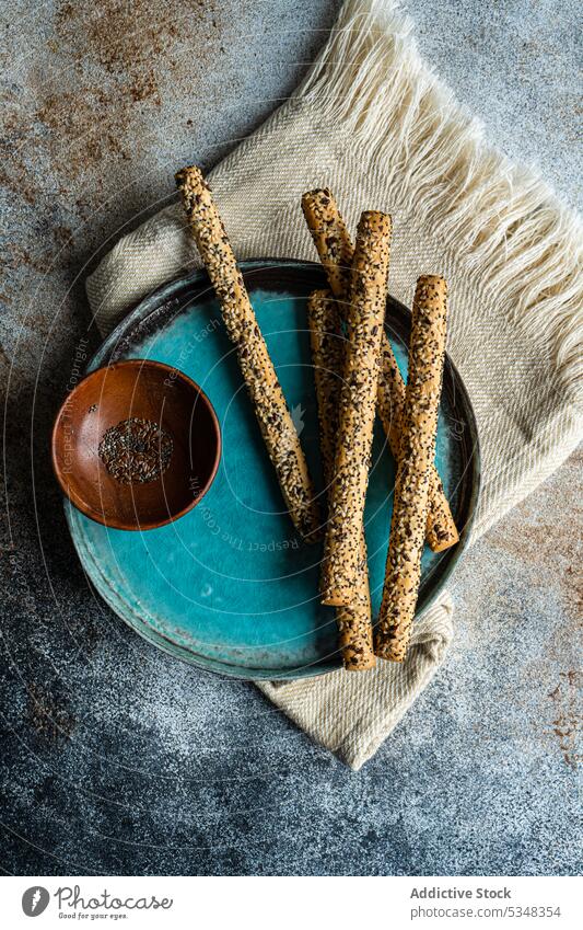 Brotstangen mit Samen Hintergrund gebacken Schalen & Schüsseln Keramik Chia gekocht knusprig Diät essen Essen Lein Lebensmittel Feinschmecker Gesundheit
