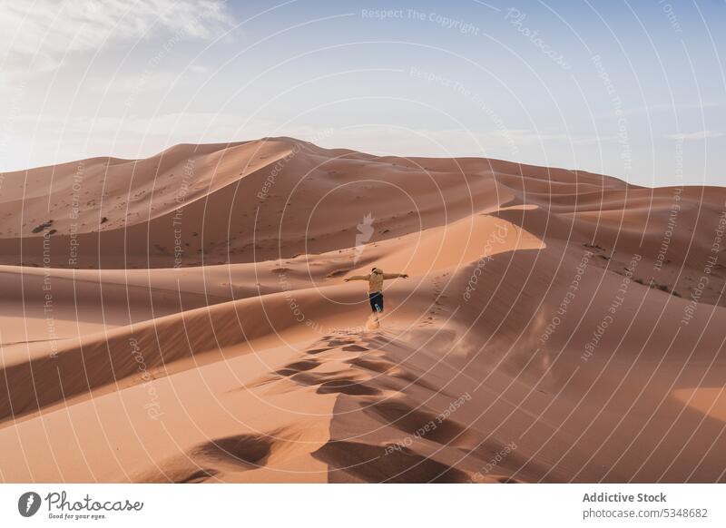 Unerkennbarer Reisender, der auf dem Wüstensand steht Mann Sand wüst Düne erkunden Freiheit bewundern Natur Landschaft Person Fernweh desolat Klima exotisch
