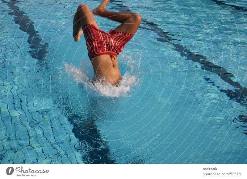 Sprung ins kühle Nass Freude Sommer Schwimmbad Mann Erwachsene Wasser springen nass blau Kopfsprung Farbfoto Außenaufnahme Morgen Erfrischung Schwimmen & Baden