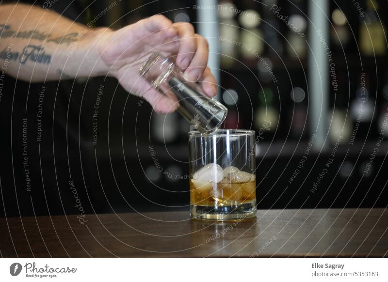 ein Scotch Whiskey auf Eis wird eingeschenkt... Glas kalt Getränk trinken durchsichtig Alkohol dunkel Reichtum Arm Bar Schnaps Bourbon Tisch Würfel