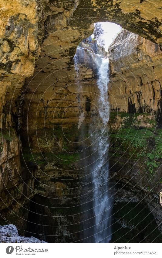 undichte Stelle I Wasserfall Höhle Natur Stein Farbfoto Felsen fließen Außenaufnahme Fluss Bach nass natürlich Urelemente Berge u. Gebirge grün Schlucht Kraft