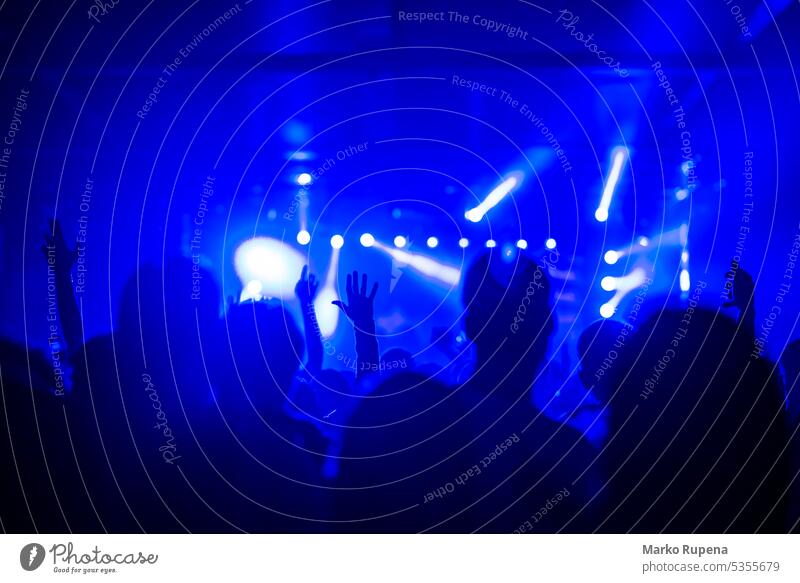 Fans, die sich bei einem Musikfestival die Hände reichen, und blaue Konzertlichter Publikum Nachtleben Club Party Hände hoch clubbing Silhouette Menschen Disco