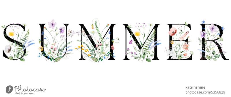 Wort SUMMER mit schwarzen Buchstaben, Aquarell Wildblumen und Blätter, isolierte Element gemacht Geburtstag botanisch Zeichnung Garten handgezeichnet Feiertag