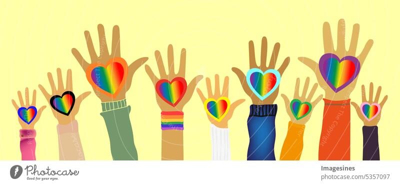 Pride Month. Menschen heben die Hände. Hände halten LGBT-Regenbogenfahne in Form eines Herzens. Flache Illustration des Pride Month Stolz Monat Haende lgbt