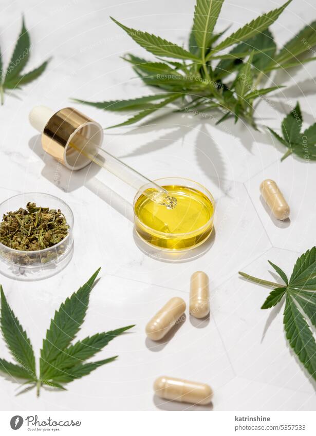 Pipette mit CBD-Öl, Kapseln und Tee in der Nähe von grünen Cannabisblättern. Alternative Medizin Aufguss Blätter cbd Tropfer Natur Draufsicht schlafen