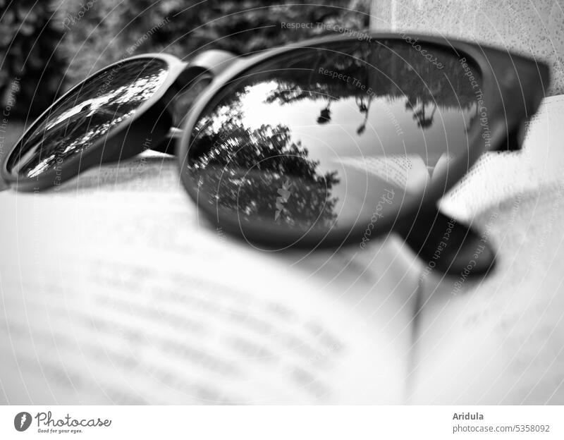 Eine schwarze Brille liegt auf einem aufgeschlagenen Buch im Garten, der Garten spiegelt sich in den Brillengläsern s/w Sonnenbrille lesen Spiegelung Glas