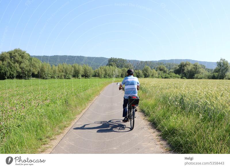 Senior radelt auf dem Weserradweg zwischen Wiese und Getreidefeld, im Hintergrund das Wiehengebirge Mensch Mann Fahrrad Radfahrer radfahren radeln Radweg