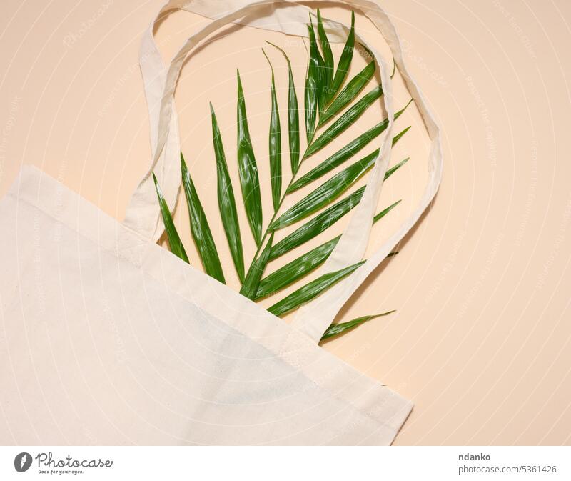 Leerer Stoffbeutel und grünes Palmenblatt auf beigem Hintergrund, Ansicht von oben Blatt Handfläche Werkstatt Tasche leer Umwelt Gewebe flach Handtasche blanko