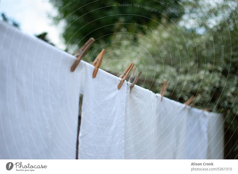 weiße Wäsche zum Trocknen auf die Leine hängen Wäscheleine Wäsche waschen Waschen im Freien zum Trocknen aufgehängt Wäsche auf der Leine weiße Blätter