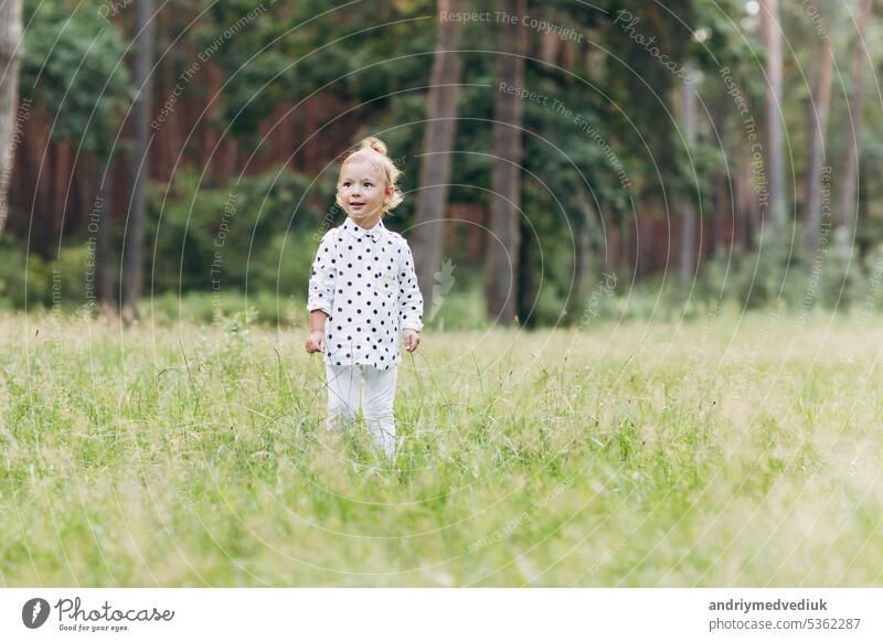 Adorable Kind, kleine Kleinkind Mädchen auf einem schönen Kiefernwald Wald Hintergrund. Genießen Sie zu Fuß mit der Familie an einem warmen sonnigen Tag. selektiven Fokus