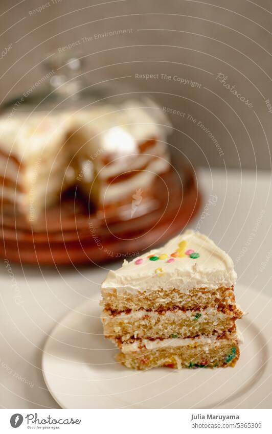 Funfetti Birthday Cake Slice mit bunten Konfetti Sprinkles und Frosting in modernen Glas überdachte Kuchen Stand Konfettikuchen Funfetti-Kuchen