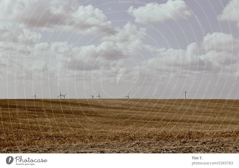 Abgeerntet Feld Windkraftanlage Himmel Farbfoto Wolken Sommer abgeerntet Landwirtschaft Landschaft Natur Energiewirtschaft blau Menschenleer Außenaufnahme
