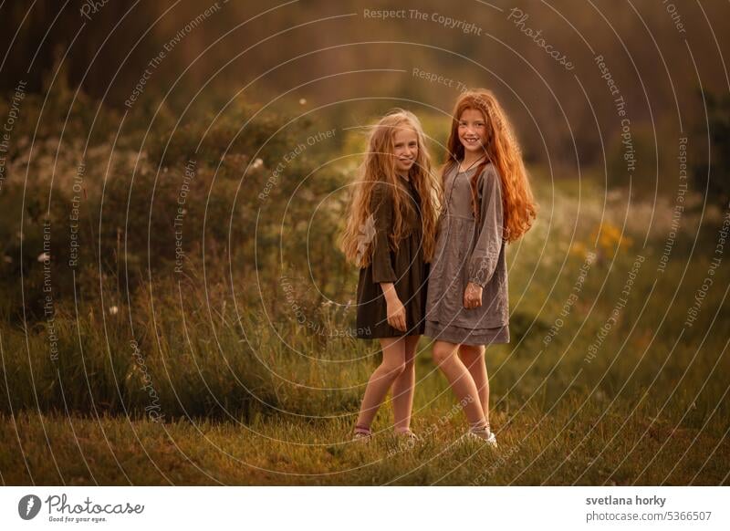 zwei Freundinnen, Schwestern mit langen Haaren in der Natur liebe verliebt feier Sonnenuntergang grüne Blätter wilde Natur grüne Natur Umwelt Landschaft
