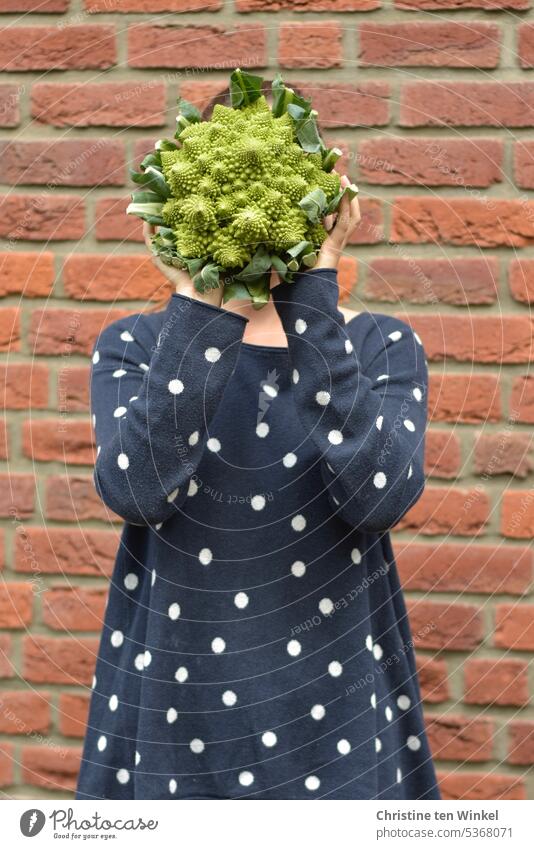 Eine junge Frau hält einen Kopf Romanesco vor ihr Gesicht Ernährung Vegetarische Ernährung Bioprodukte Gemüse Lebensmittel feminin Junge Frau Jugendliche Mensch