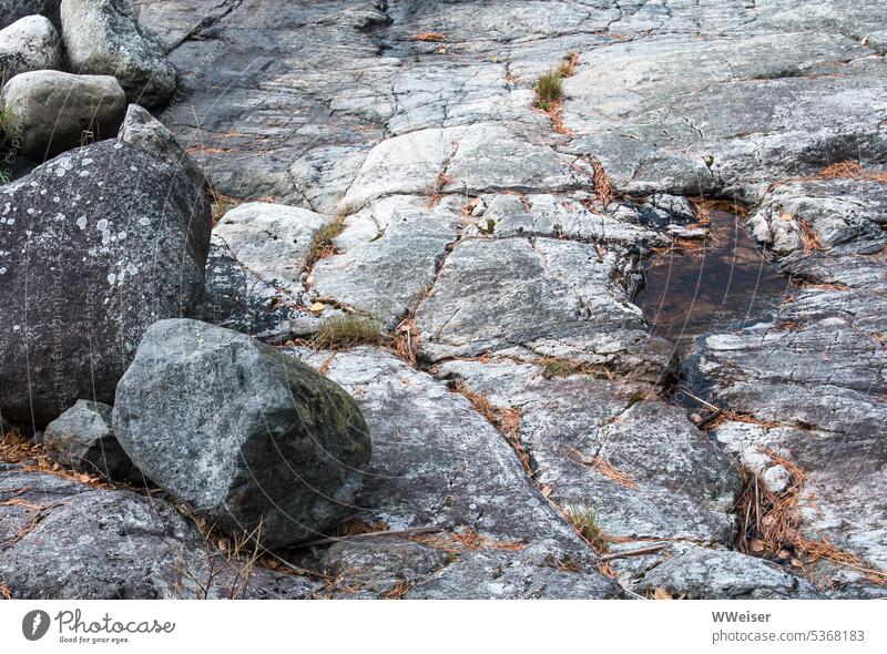 Ein zerfurchtes Stück Felsen mit Flechten, Gras, Steinbrocken und einzelnen Pfützen Natur detail Brocken Gestein Mineralogie Boden Platte Furchen Spalten