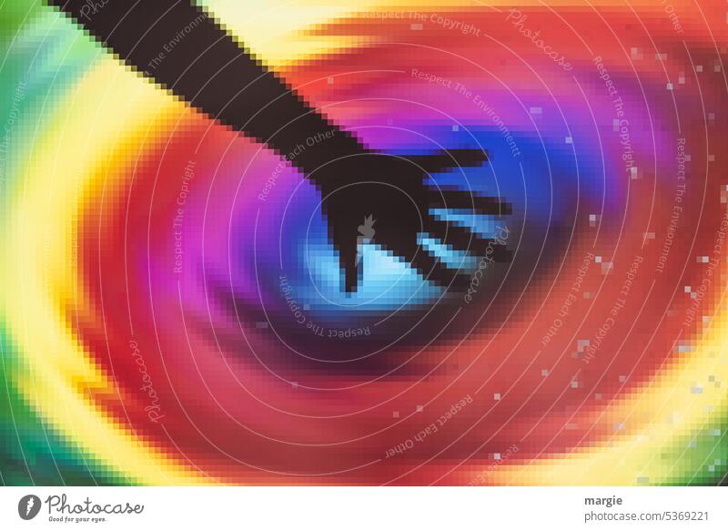 Die Mitte finden!  Der Schatten einer Hand greift in einen Farbkreis Farbe greifen mehrfarbig Finger ringförmig Mensch Balance Unschärfe Pixel pixelkunst Arm