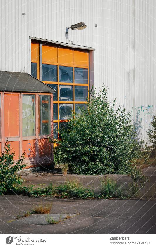 Orangenes Tor in Wand von Gewerbegebäude, Busch, Asphalt, symbolisiert Verlassenheit und Vergänglichkeit orange Gebäude Gewerbegebiet verlassen trist