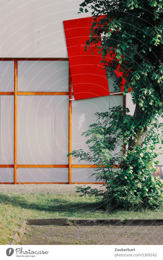 Fassade mit roten Rechtecken in Gewerbegebiet, davor Baum Kante Markt Halle Lagerhalle Gebäude Industrie Arbeit & Erwerbstätigkeit Strukturen & Formen Handel