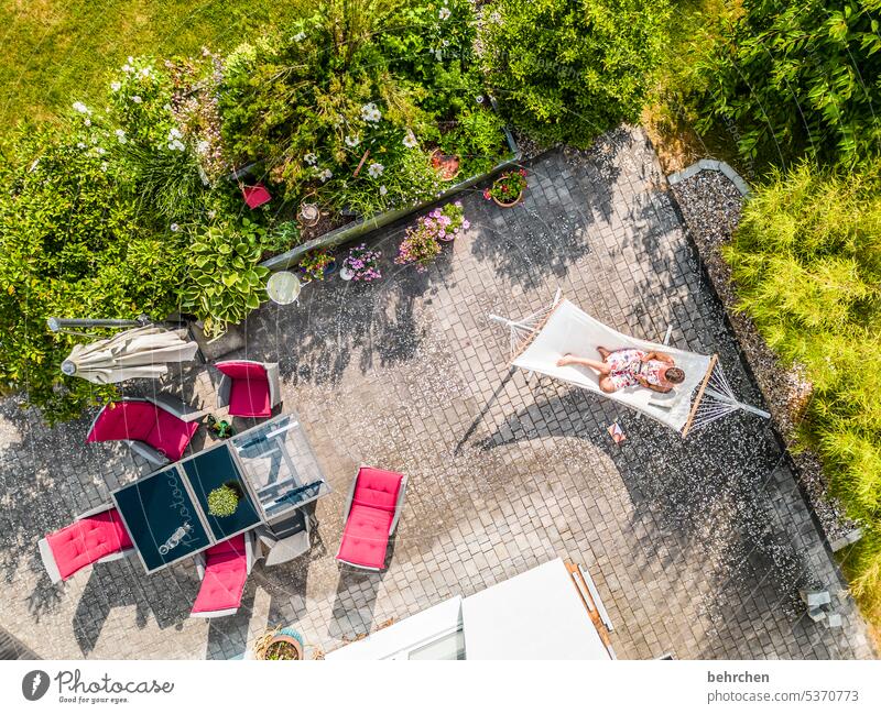 sonntag is zum ausruhn da Blumen Pflanzen Vogelperspektive Drohnenansicht von oben Terrasse Garten zuhause Hängematte Natur Farbfoto sommerlich Wärme Sommer