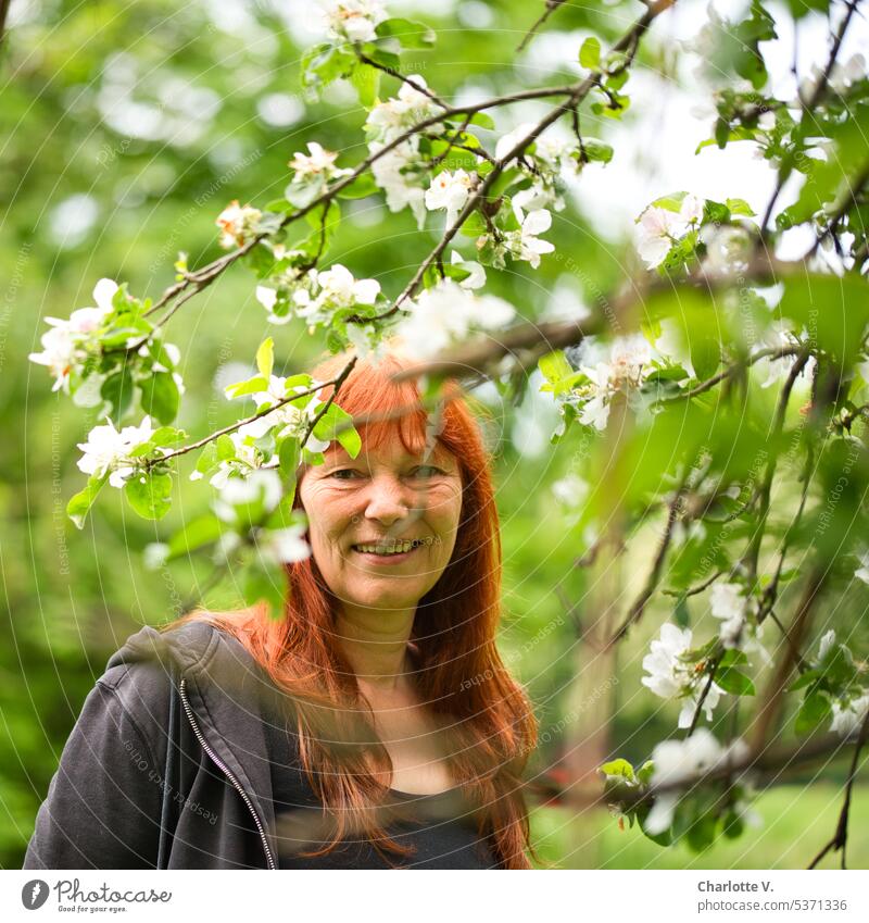 Mainfux | Unter´m Apfelbaum Person Frau eine Person im Freien Natur Erwachsene Frühling Außenaufnahme schön entspannt Blüten Apfelblüten Apfelbaum im Frühling