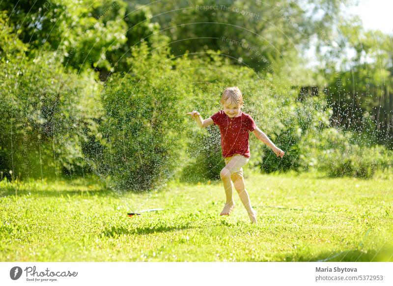 Lustiger kleiner Junge spielt mit Garten Sprinkler in sonnigen Hinterhof. Vorschulkind lacht, springt und hat Spaß mit Sprühwasser. Kind Sprinkleranlage spielen