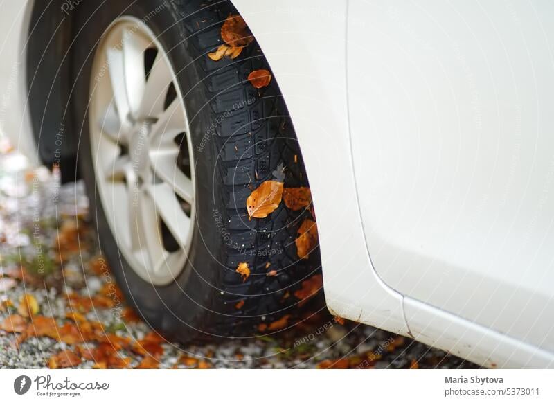 Weißes Auto ist in den Bergen am Herbsttag. Wheel of Auto auf Schotterstraße mit gefallenen Blättern an ihm kleben. Autoreise in den europäischen Alpen. Reisen und Tourismus.