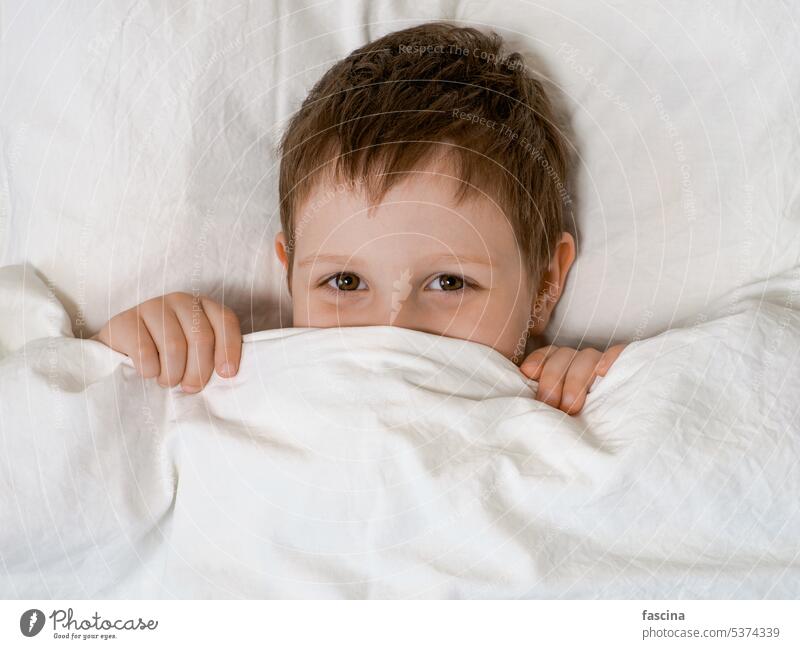 Kleiner Junge im Bett vor dem Einschlafen Unfug spielen jung Lächeln Schlafenszeit Kopfkissen umfasst vierjährig Lügen Kind Schlafzimmer gemütlich niedlich