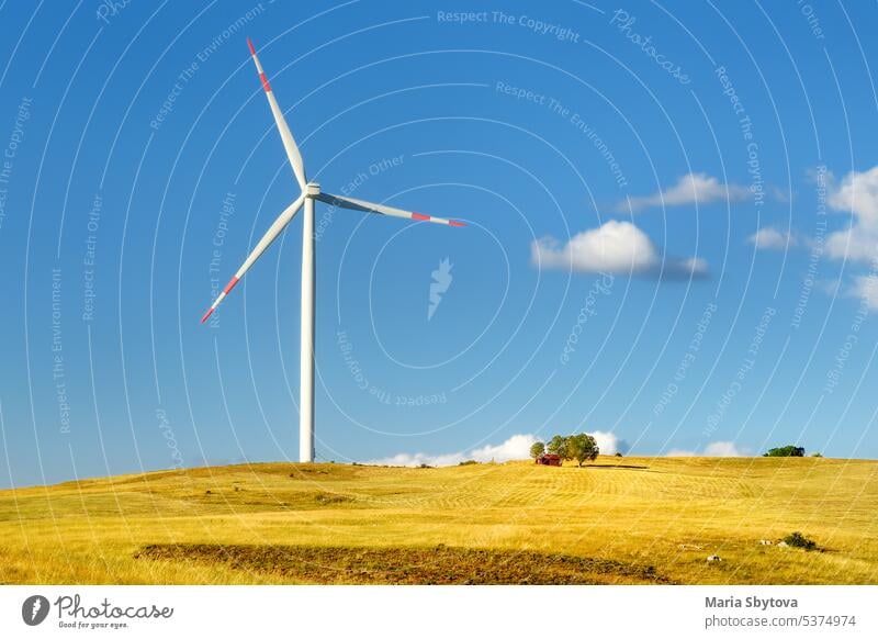 Kraftwerke für die Erzeugung erneuerbarer elektrischer Energie. Windmühle an einem sonnigen Sommertag. Hohe Windturbine zur Stromerzeugung. Alternative Energie