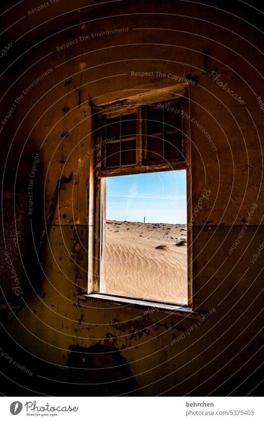 fenster mit aussicht Aussicht Fenster alt kaputt zerfall zerstört Haus Naturgewalt Sonnenlicht Sand Ruine Geisterstadt Kolmannskuppe Kolmanskop Lüderitz