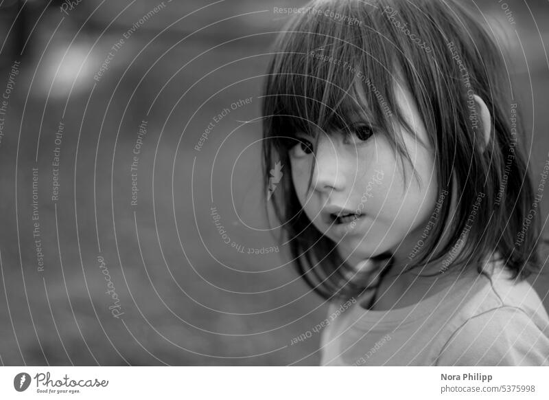 Blick eines kleinen Mädchens Mädchengesicht Mädchenportrait Gesicht Kind Kindheit Kindheitserinnerung ernst fragend schwarze haare Mensch Porträt Außenaufnahme