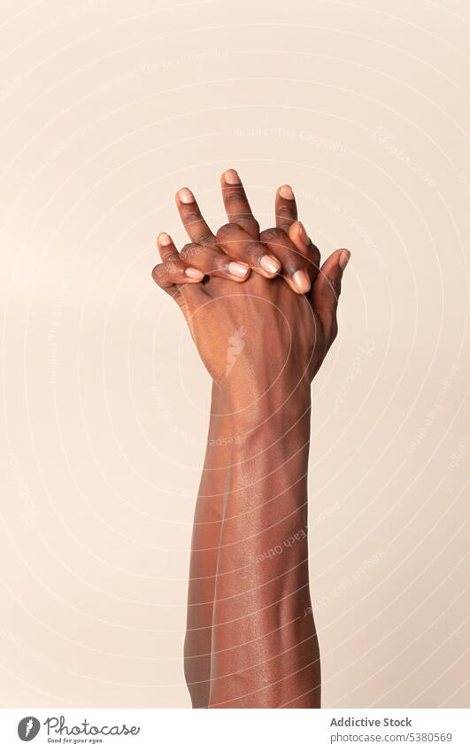 Crop schwarze Person hält Hände auf beige Hintergrund hochreichen Atelier Händchenhalten gestikulieren sich[Akk] melden Hand Windstille Symbol Toleranz Stil