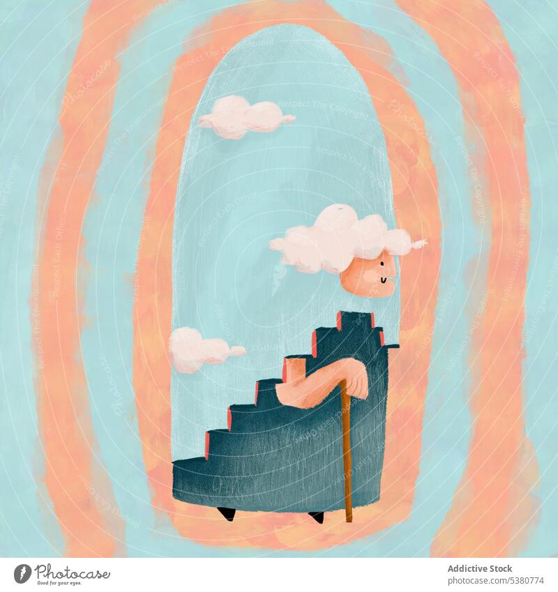 Illustration einer älteren Frau und einer Treppe mit Stock Grafik u. Illustration Laufmasche Schritt kleben kreativ Konzept Treppenhaus Stil Senior Kunst