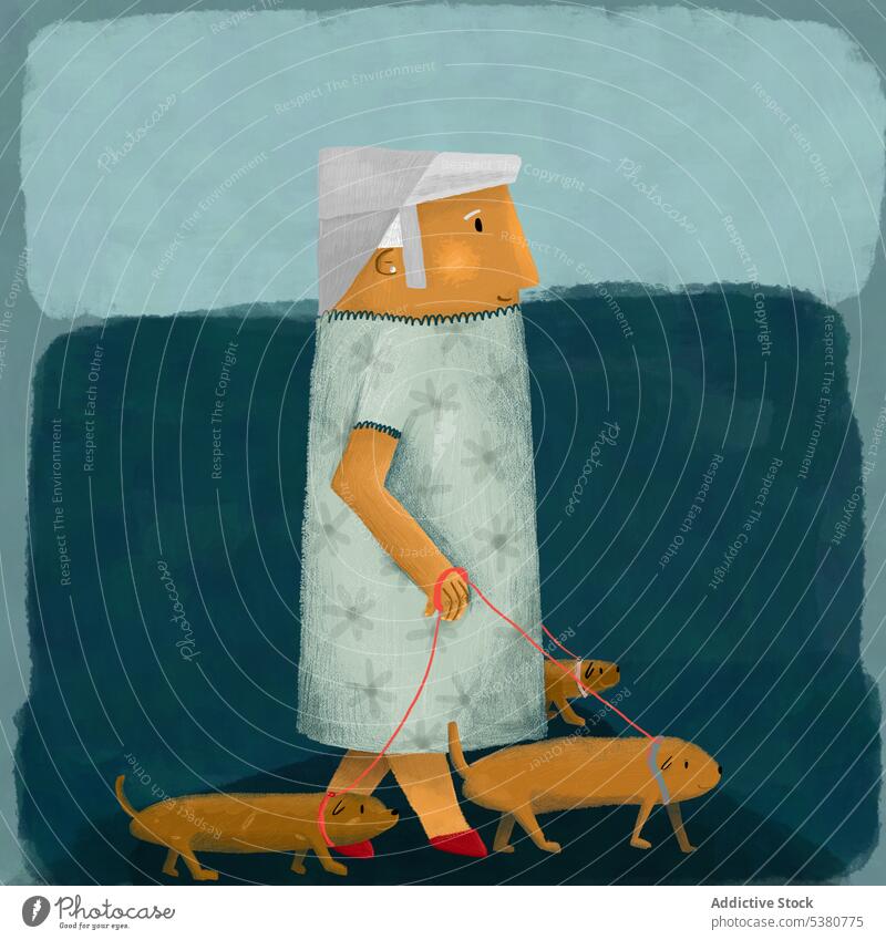 Kunstwerk einer älteren Frau, die mit Hunden spazieren geht Spaziergang Stil Besitzer anleinen Haustier Grafik u. Illustration Zusammensein Tier Senior kreativ