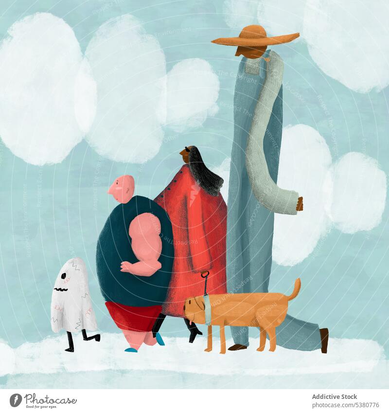 Lustige Menschen mit Hund und Geist, die zusammen spazieren gehen kreativ Einheit Tier anders Haustier Vereinigung Konzept Spaziergang Grafik u. Illustration