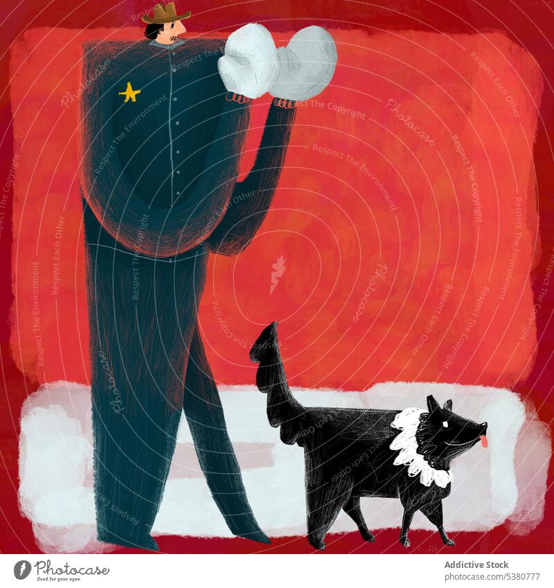 Großer Mann mit Hund auf rotem Hintergrund Uniform Grafik u. Illustration Spaziergang Kraft Tier Konzept Stil Hut Handschuh Tracht männlich Haustier Kunst