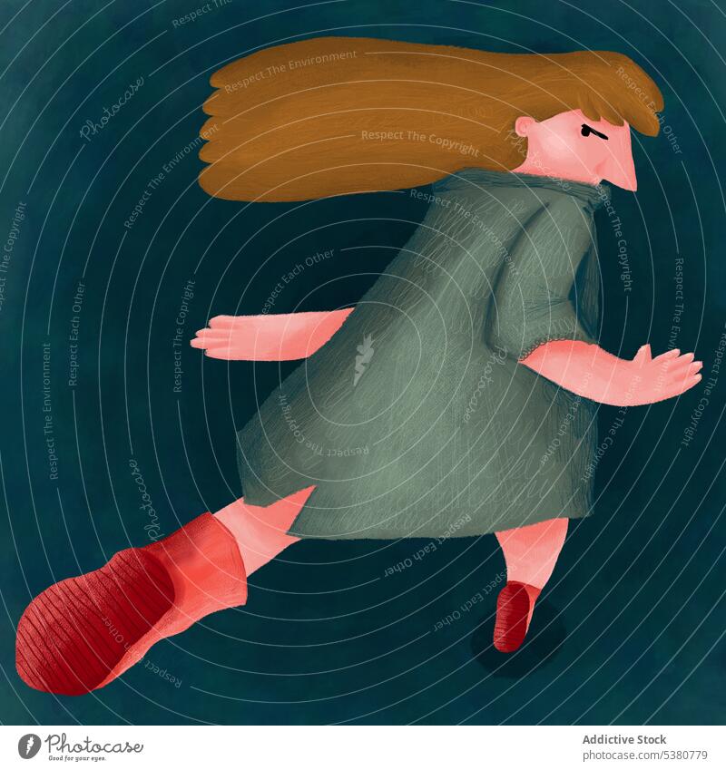 Ruhige Frau im Kleid läuft auf blauem Hintergrund davon laufen Grafik u. Illustration Stil Charakter Karikatur schnell Bewegung kreativ Kunst Energie