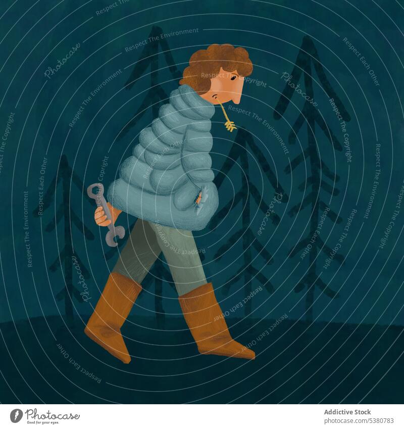 Traurige Frau geht mit Schraubenschlüssel in dunklem Wald Spaziergang Karikatur Grafik u. Illustration verärgert Natur kreativ Charakter traurig Vorlage