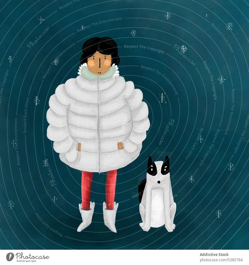 Lustige mollige Frau mit Hund auf blauem Hintergrund Besitzer kreativ Grafik u. Illustration Karikatur Haustier Winter Charakter Oberbekleidung Tier Eckzahn