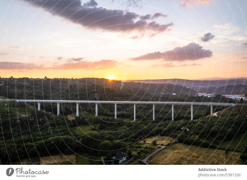 Majestätischer Blick auf eine Straßenbrücke im Wald malerisch Autobahn Brücke Sonnenuntergang Tal Fahrbahn Maschinenbau Konstruktion Infrastruktur hochheben