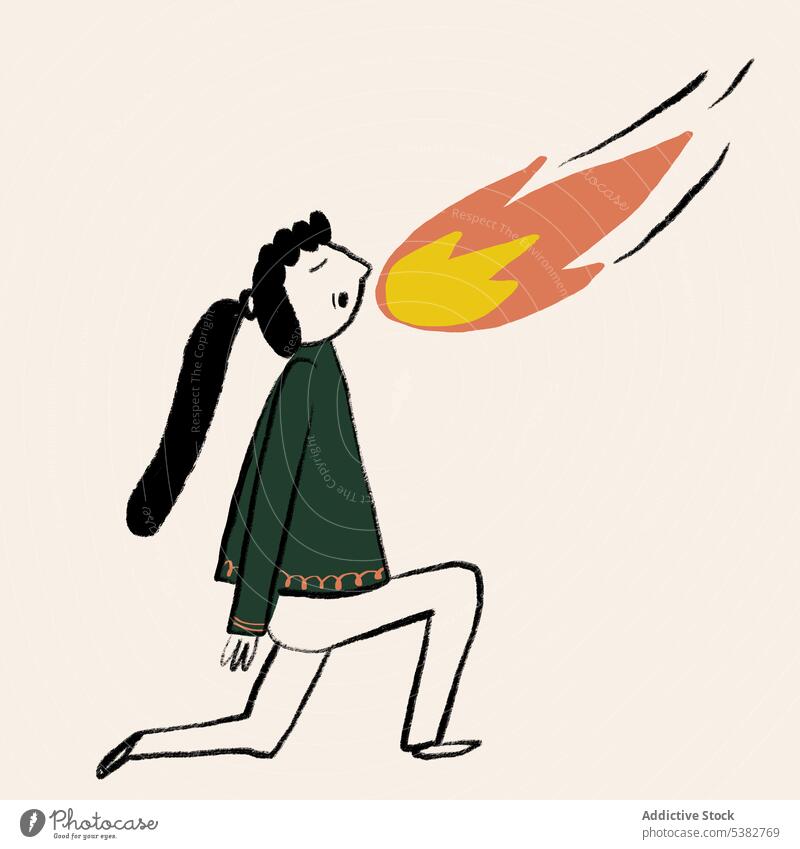 Zeichnung eines Mädchens, das Feuer bläst Schlag kreativ Grafik u. Illustration einfach Charakter Flamme Vorstellungskraft Element Farbe Inspiration heiß Kunst