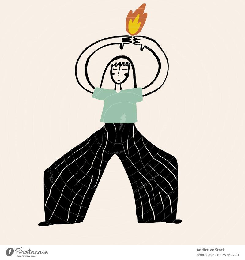 Zeichnung einer meditierenden Frau mit erhobenen Händen und Feuer Sportlerin Yoga Arme hochgezogen Windstille Zen üben Asana Energie Element Vorlage Charakter